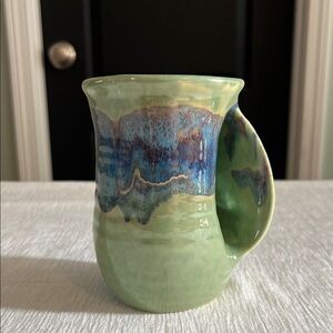 NWOT Neher Pottery Right Hand Warming Mug Green Blue 15oz Made in WA 2010